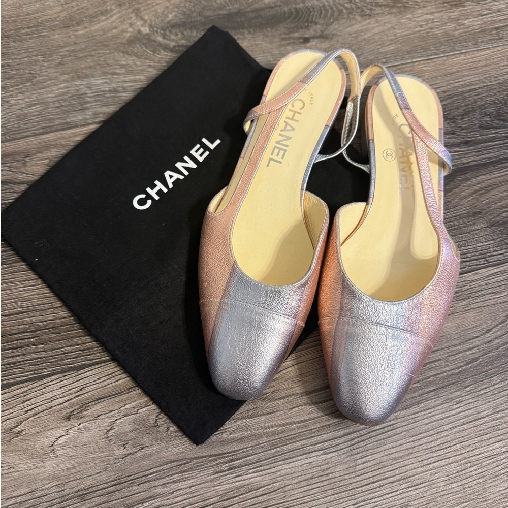 Chanel CC Pink Purple Metallic Slingback Flats - 36.5C - Picture 1 of 10